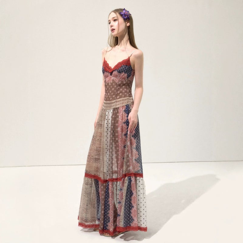 Wooha Summer 2026 Vintage Print Patchwork Long Strap Dress - Image 3