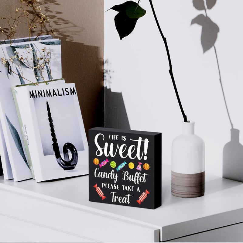 Woght Funny Christmas Candy Buffet Wooden Box Sign Plaque Life is Sweet Candy Buffet Please Take a Treat Wood Box Sign Rustic Art Home Shelf Desk Decor 5 X 5 Inches - Image 5