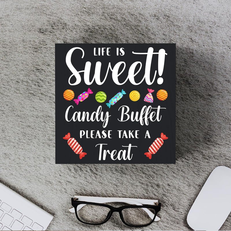 Woght Funny Christmas Candy Buffet Wooden Box Sign Plaque Life is Sweet Candy Buffet Please Take a Treat Wood Box Sign Rustic Art Home Shelf Desk Decor 5 X 5 Inches - Image 4