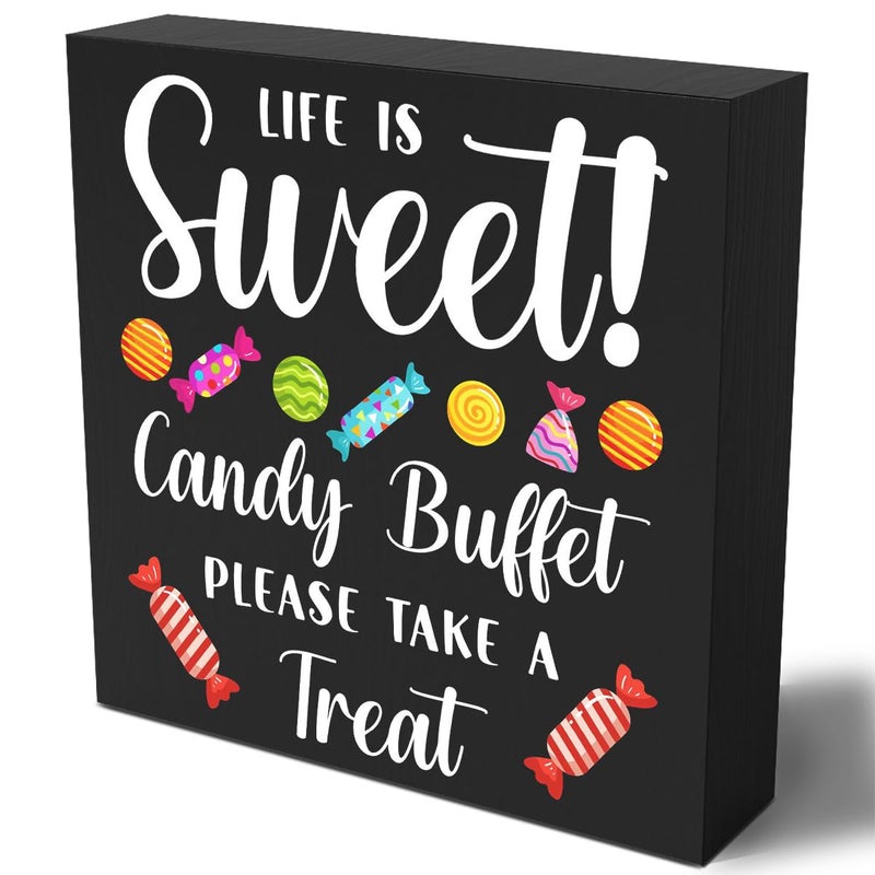 Woght Funny Christmas Candy Buffet Wooden Box Sign Plaque Life is Sweet Candy Buffet Please Take a Treat Wood Box Sign Rustic Art Home Shelf Desk Decor 5 X 5 Inches - Image 1
