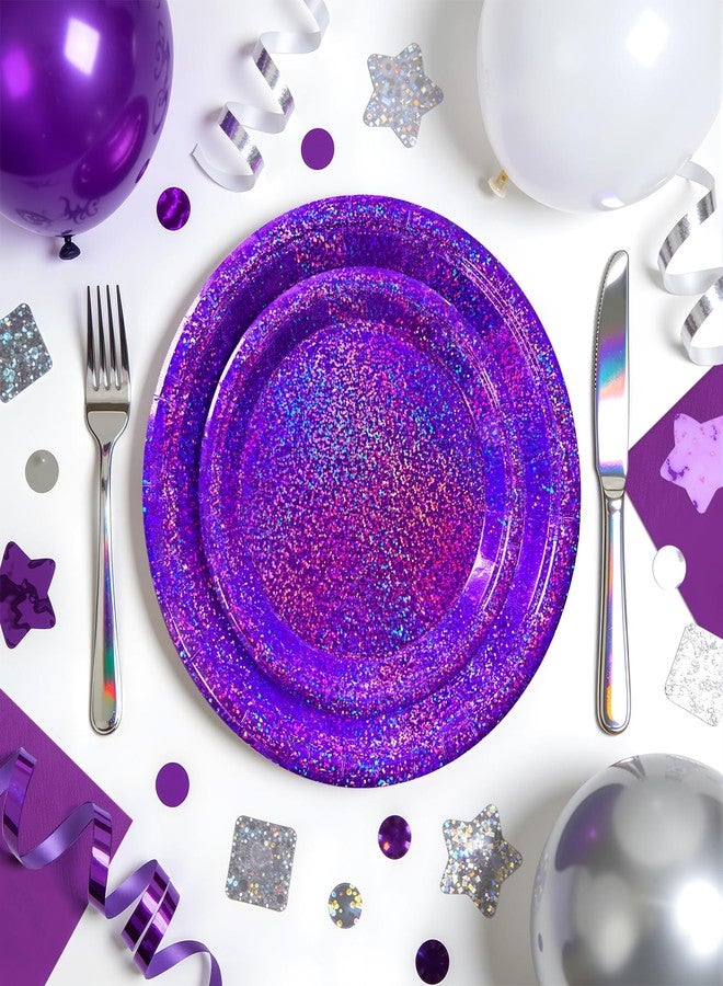 Watch Me Fly Purple Iridescent Paper Plates & Napkins Set, 75pcs Disposable Party Tableware with 9" Dinner Plates, 7" Dessert Plates & 6.5" Napkins, Holographic Dot Design for Birthday, Music Theme, Night Party - Image 5