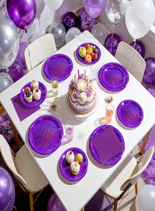 Watch Me Fly Purple Iridescent Paper Plates & Napkins Set, 75pcs Disposable Party Tableware with 9" Dinner Plates, 7" Dessert Plates & 6.5" Napkins, Holographic Dot Design for Birthday, Music Theme, Night Party - Image 4