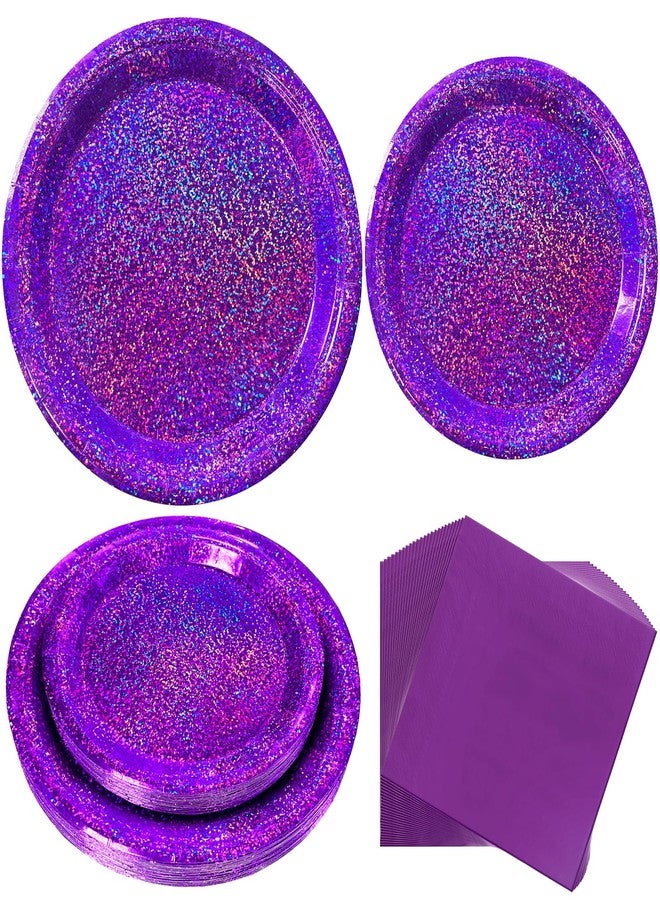 Watch Me Fly Purple Iridescent Paper Plates & Napkins Set, 75pcs Disposable Party Tableware with 9" Dinner Plates, 7" Dessert Plates & 6.5" Napkins, Holographic Dot Design for Birthday, Music Theme, Night Party - Image 1