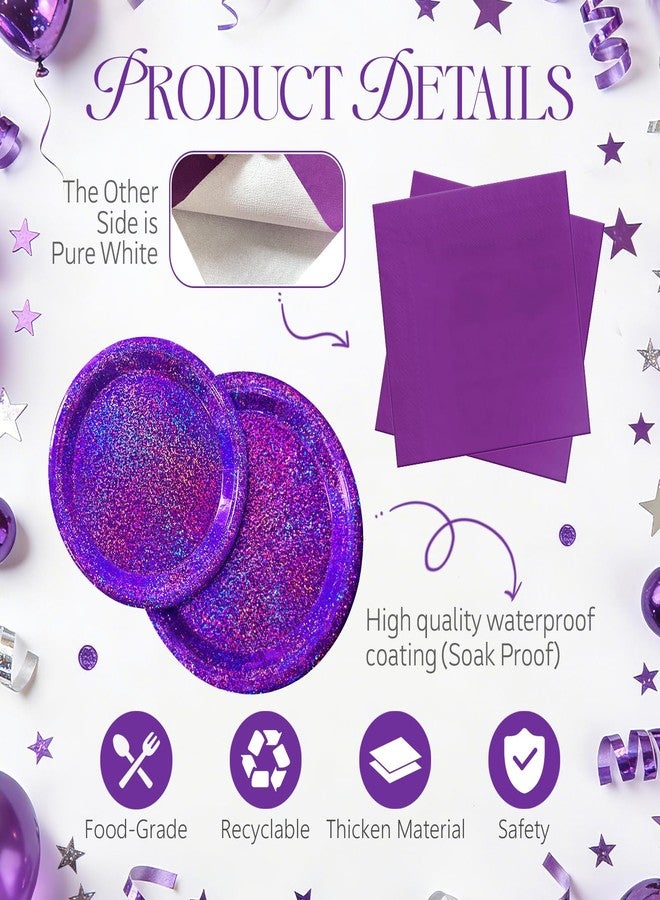 Watch Me Fly Purple Iridescent Paper Plates & Napkins Set, 75pcs Disposable Party Tableware with 9" Dinner Plates, 7" Dessert Plates & 6.5" Napkins, Holographic Dot Design for Birthday, Music Theme, Night Party - Image 3