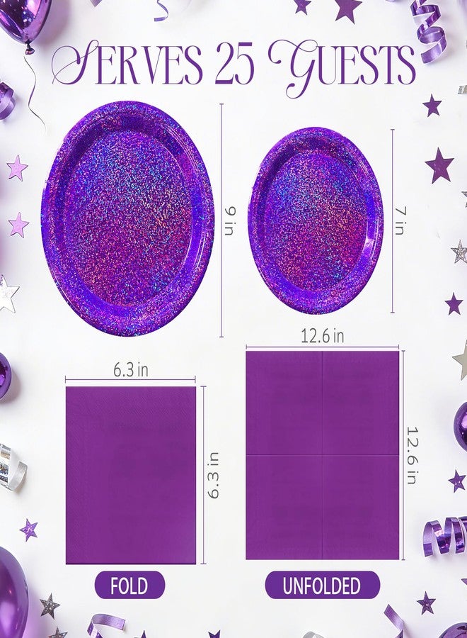 Watch Me Fly Purple Iridescent Paper Plates & Napkins Set, 75pcs Disposable Party Tableware with 9" Dinner Plates, 7" Dessert Plates & 6.5" Napkins, Holographic Dot Design for Birthday, Music Theme, Night Party - Image 2
