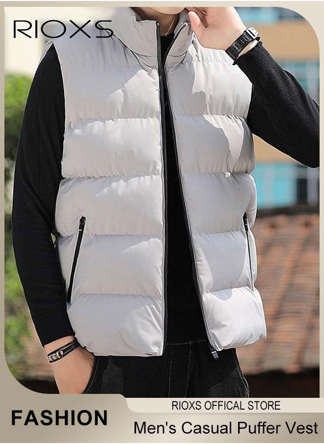 RIOXS Men's Casual Quilted Vest, Lightweight Puffer Vest, Puffy Sleeveless Jacket, Outdoor Stand Collar Sleeveless Down Jacket Coat For Spring Autumn Winter, Soild Color Warm Outerwear With Pockets  - Image 1