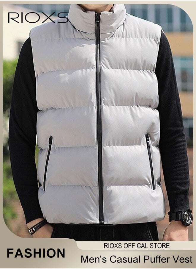 RIOXS Men's Casual Quilted Vest, Lightweight Puffer Vest, Puffy Sleeveless Jacket, Outdoor Stand Collar Sleeveless Down Jacket Coat For Spring Autumn Winter, Soild Color Warm Outerwear With Pockets  - Image 2