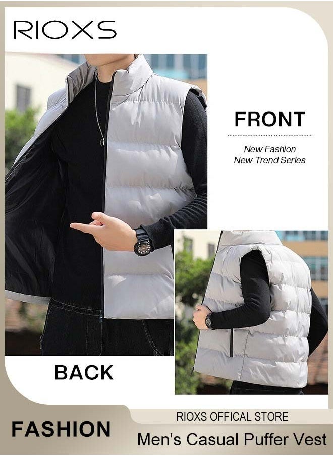 RIOXS Men's Casual Quilted Vest, Lightweight Puffer Vest, Puffy Sleeveless Jacket, Outdoor Stand Collar Sleeveless Down Jacket Coat For Spring Autumn Winter, Soild Color Warm Outerwear With Pockets  - Image 3