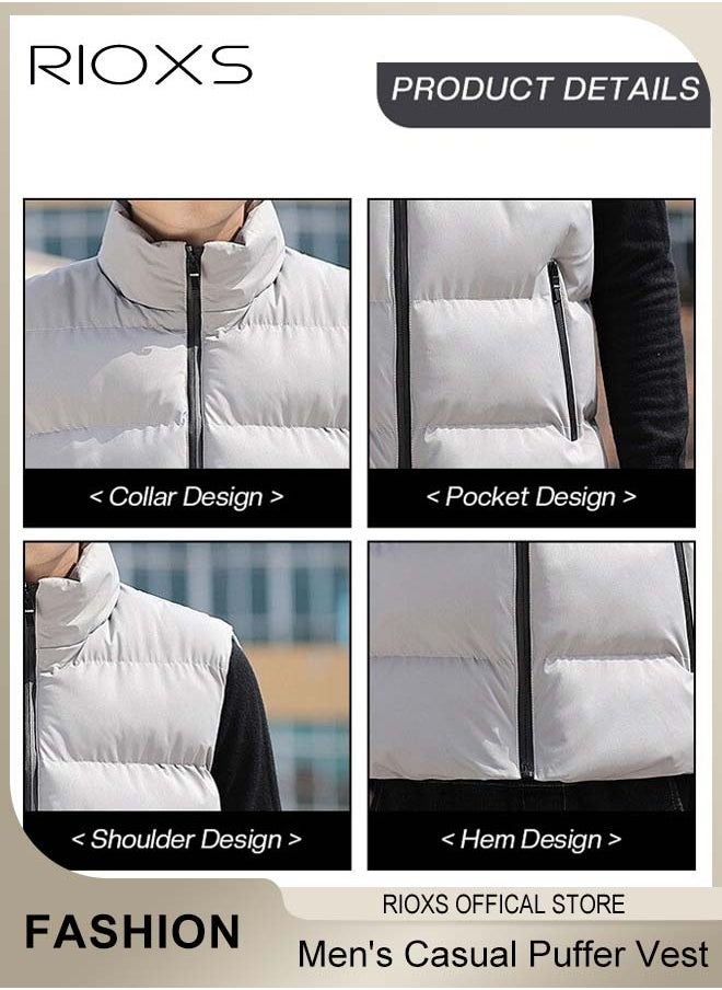 RIOXS Men's Casual Quilted Vest, Lightweight Puffer Vest, Puffy Sleeveless Jacket, Outdoor Stand Collar Sleeveless Down Jacket Coat For Spring Autumn Winter, Soild Color Warm Outerwear With Pockets  - Image 5