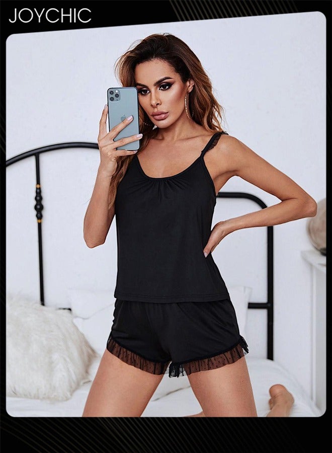 Joychic Women Solid Color Polyster Suspender Backless Pajamas Smooth and Cool Mesh Trimmed Sleeveless Nightgown Bedroom Sleepwear Black - Image 4