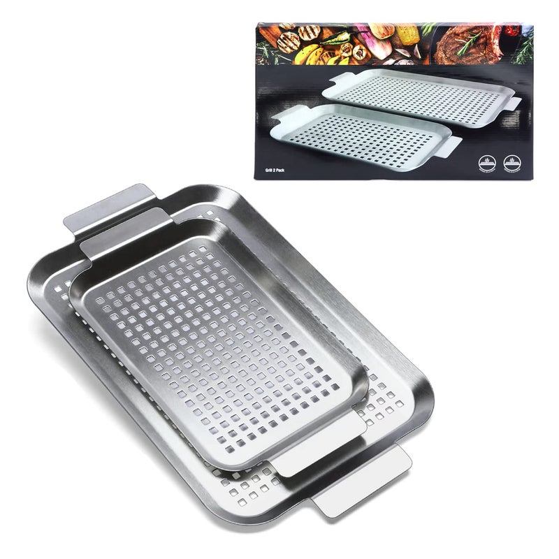 COOK TIME Grill Pan Set of 2 BBQ Grill Topper for Outdoor Grill Stainless Steel Grilling Baskets with Holes and Handles Perforated Food Tray Barbecue Accessories for Vegetable Fish Large