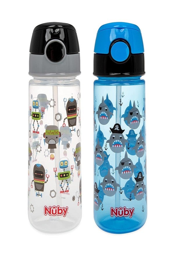 Nuby 2-Pack Kid’s Printed Flip-it Active Water Bottle with Push Button Cap and Soft Straw - 18oz / 540ml, 18+ Months, 2-Pack, Sharks/Robots - Image 1