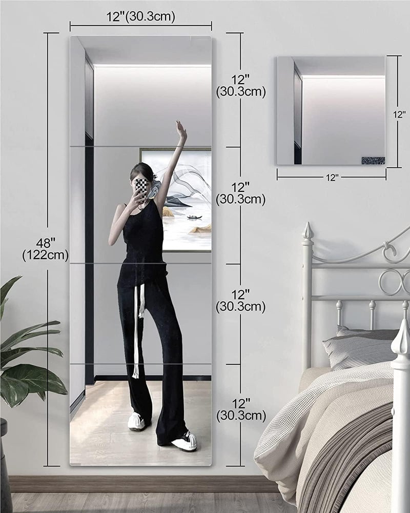 SEVEN HORSES Full Length Wall Mirror Tiles 4PCS 12x12 Inch Self Adhesive Full Body Home Gym Mirror Frameless Glass Mirror for Bedroom Living Room Over The Door Mirror Square Unframed White - Image 3