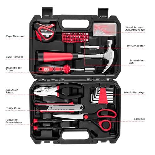 Prostormer 93-Piece Tool Kit, Basic Household Repair Tool Set with Toolbox Storage Case, Small Starter Tool Box Kit for Homeowners and College Students (Red) - Image 3