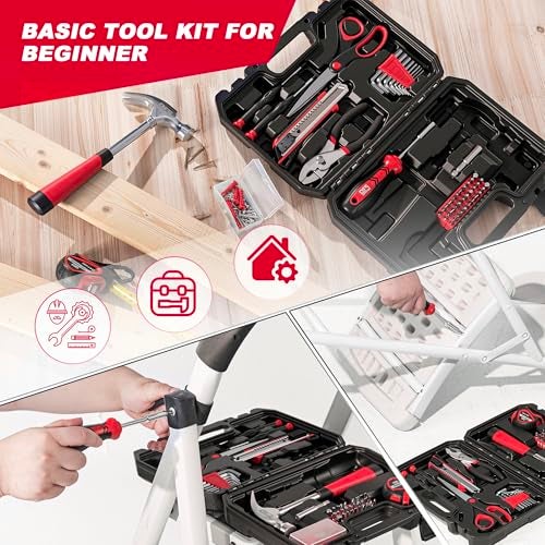 Prostormer 93-Piece Tool Kit, Basic Household Repair Tool Set with Toolbox Storage Case, Small Starter Tool Box Kit for Homeowners and College Students (Red) - Image 5