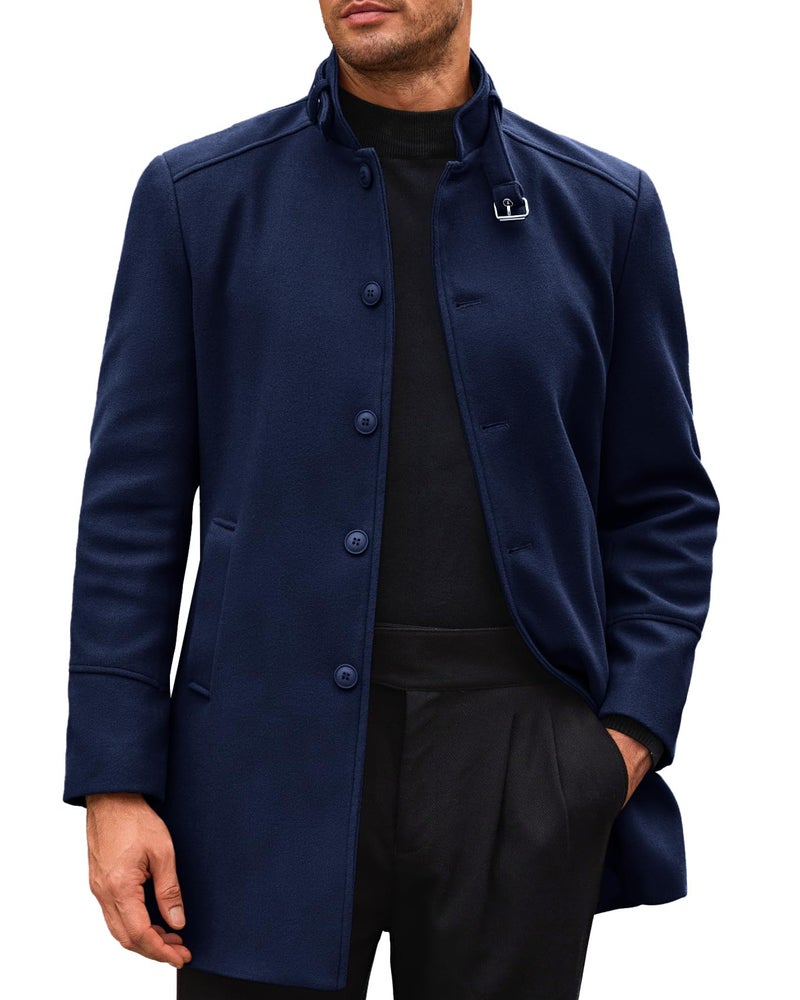 Runcati Mens Trench Coat Stand Collar Casual Slim Fit Single BSeasted Pea Coat Overcoat - Image 1