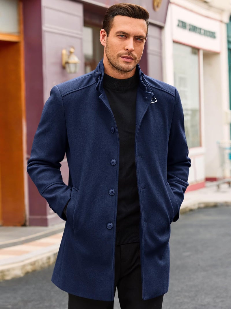 Runcati Mens Trench Coat Stand Collar Casual Slim Fit Single BSeasted Pea Coat Overcoat - Image 2