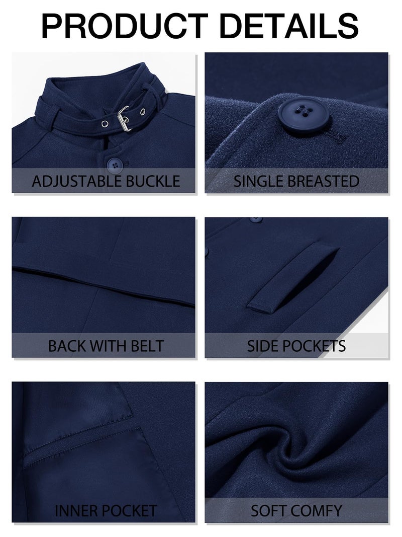 Runcati Mens Trench Coat Stand Collar Casual Slim Fit Single BSeasted Pea Coat Overcoat - Image 5