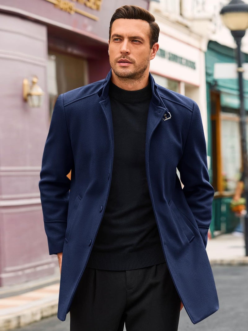 Runcati Mens Trench Coat Stand Collar Casual Slim Fit Single BSeasted Pea Coat Overcoat - Image 3