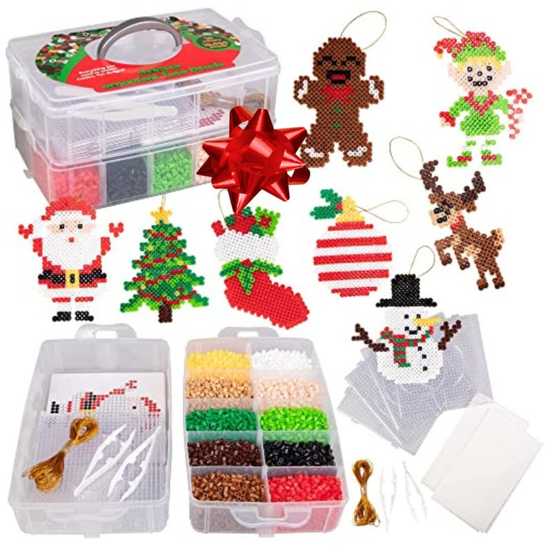 10000Piece Holiday Fuse Bead Kit for DIY Xmas Ornaments 8 Unique Christmas Designs w Peg Boards Tweezers Ironing Papers Great for Homemade Ornaments Holiday Classroom Parties Family Activity