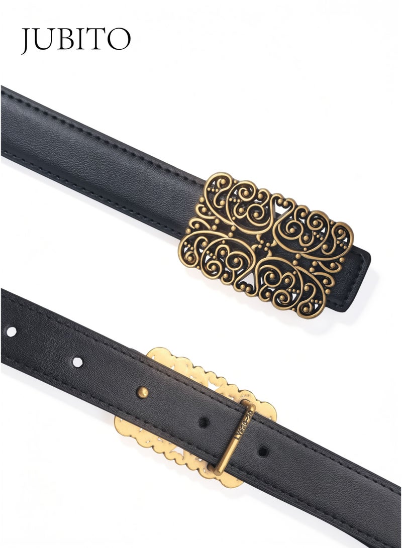 JUBITO belt, fashionable and personalized women's belt, trendy and luxurious leather belt with metal buckle decoration, retro Maillard style, women's accessory (black, 100cm) - Image 4