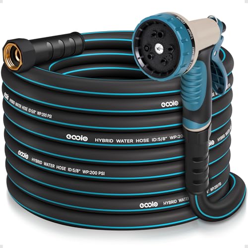 EOOIO Garden Hose 50 ft x 5/8" with Nozzle, Water Hose Heavy Duty Flexible, Lightweight Kink-less Hybrid Hose with Swivel Handle, Male to Female Fittings - Image 1
