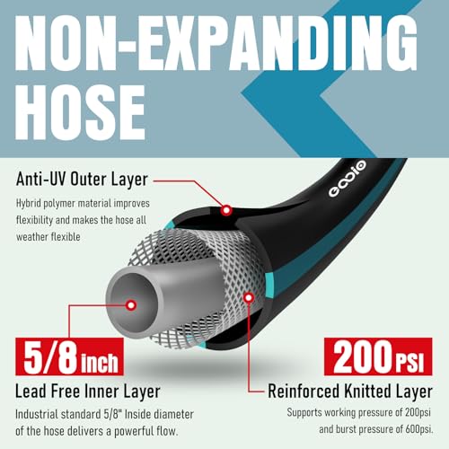 EOOIO Garden Hose 50 ft x 5/8" with Nozzle, Water Hose Heavy Duty Flexible, Lightweight Kink-less Hybrid Hose with Swivel Handle, Male to Female Fittings - Image 4