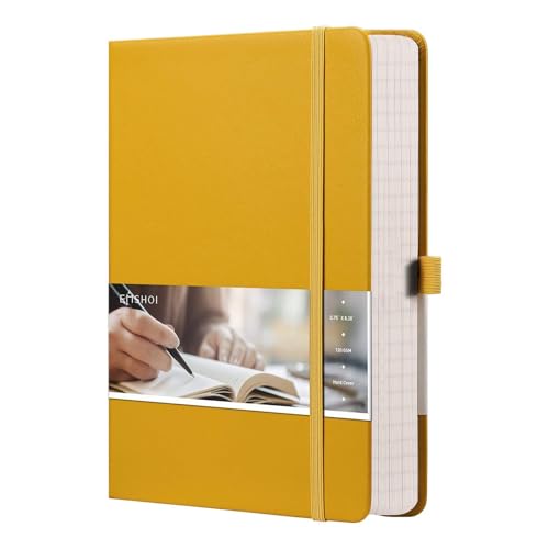 EMSHOI College Ruled Notebook 120gsm Thick Lined Journal - 256 Numbered Pages, A5 Hardcover Leather Writing Notebook for Work, School, Travel - with Sticky Notes, 5.75"x8.38", Yellow - Image 1