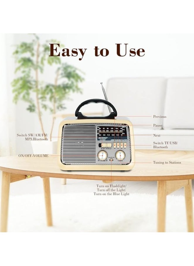 Radio Fm - Am - Sw Brown Wood Bluetooth Portable Audio Tf Card Usb Flash Disk Aux Playback