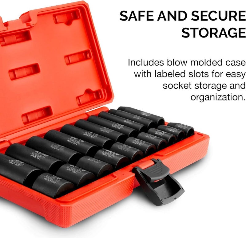 NEIKO 02434A 3/8-Inch-Drive Standard and Deep Impact Socket Set, 6-Point SAE Sizes from 5/16" to 7/8", CrV Steel, 20 Pieces - Image 3