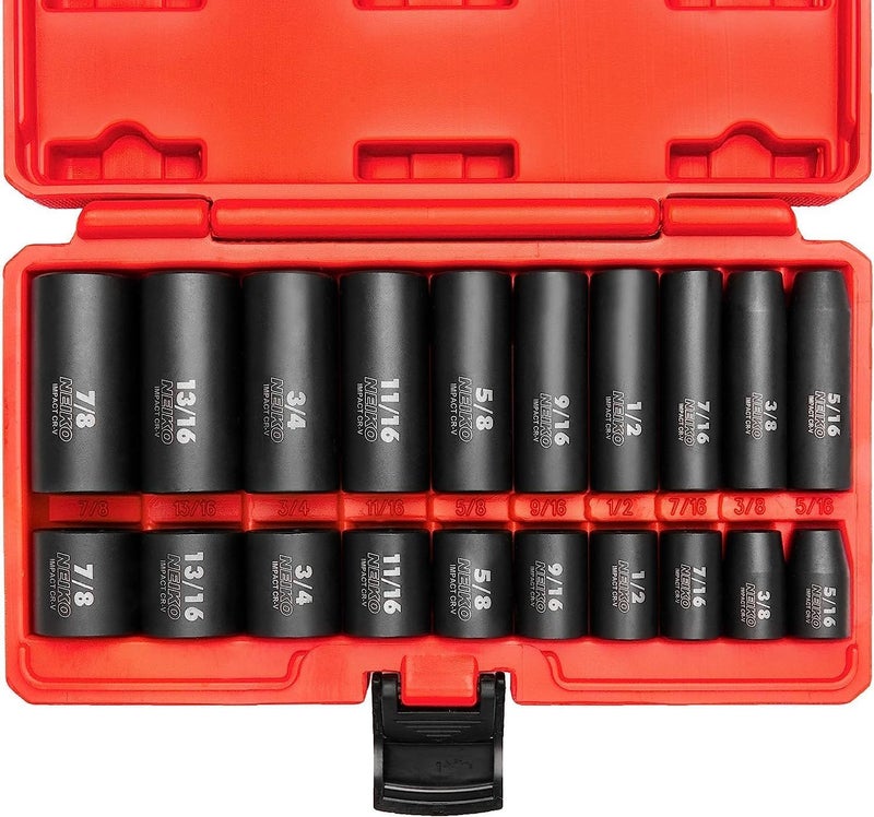 NEIKO 02434A 3/8-Inch-Drive Standard and Deep Impact Socket Set, 6-Point SAE Sizes from 5/16" to 7/8", CrV Steel, 20 Pieces - Image 1