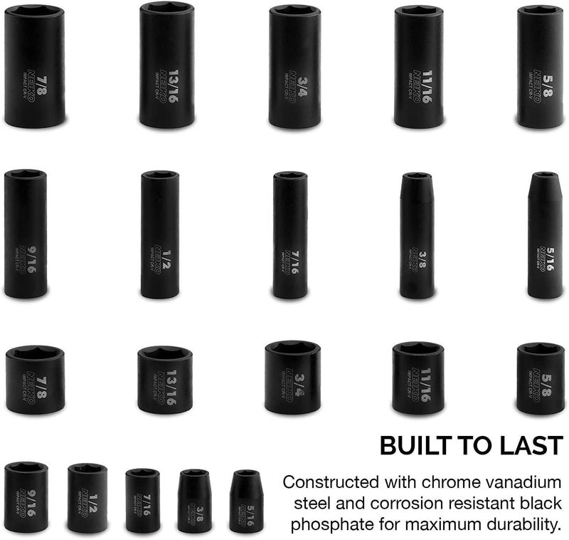 NEIKO 02434A 3/8-Inch-Drive Standard and Deep Impact Socket Set, 6-Point SAE Sizes from 5/16" to 7/8", CrV Steel, 20 Pieces - Image 2