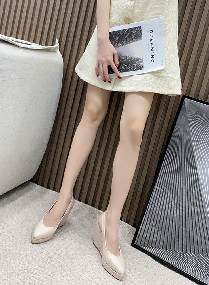 Loquat Espadrilles Wedge Sandals Closed Pointed Toe Slingback Buckle Strap Wedges Pumps Platform Heeled Sandal Apricot  - Image 2