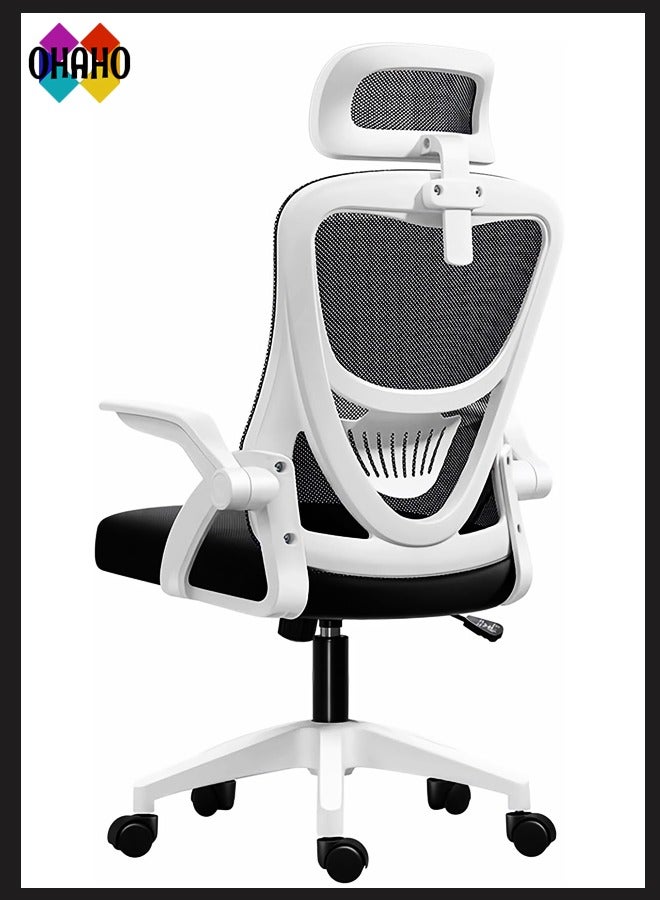 آه آه كرسي ألعاب، كرسي مكتب مريح، تصميم شبكي قابل للتنفس، كرسي مكتب عالي الظهر مع مسند رأس قابل للتعديل ومسند ذراع دوار ودعم أسفل الظهر (أبيض) - Image 1