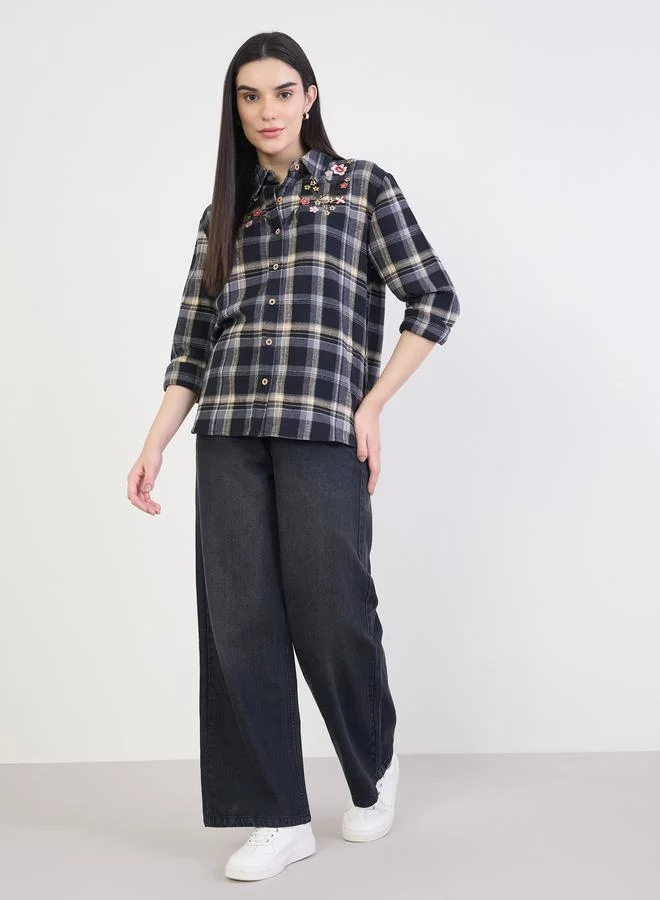 Styli Embroidered Plaid Oversized Shirt