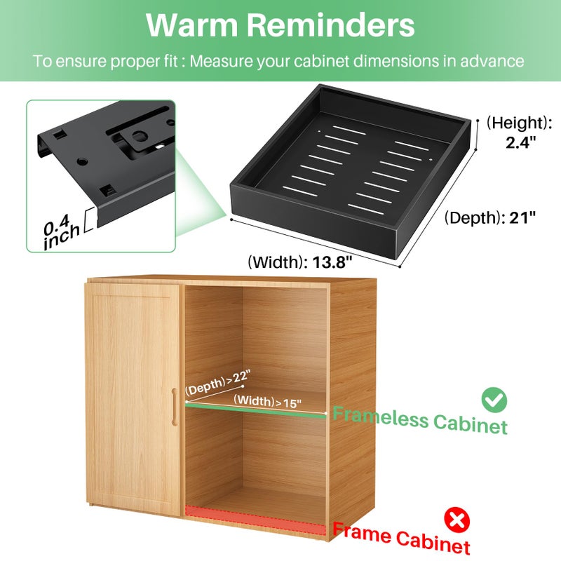 Kitstorack Pull out Cabinet Organizer, 21"Deep, Heavy Duty Full-Extension Slide out Drawers for Kitchen Cabinets with Nano Adhesive, Roll Out Shelf Sliding Cabinet for Pots, Bathroom, Pantry, Under Sink, Black - Image 2