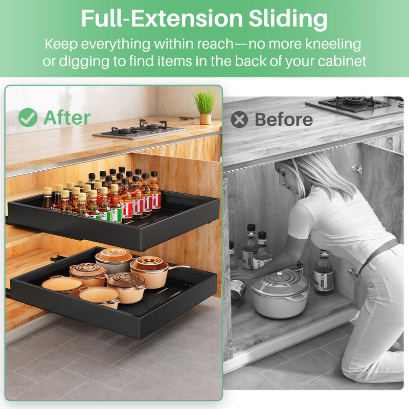 Kitstorack Pull out Cabinet Organizer, 21"Deep, Heavy Duty Full-Extension Slide out Drawers for Kitchen Cabinets with Nano Adhesive, Roll Out Shelf Sliding Cabinet for Pots, Bathroom, Pantry, Under Sink, Black - Image 3
