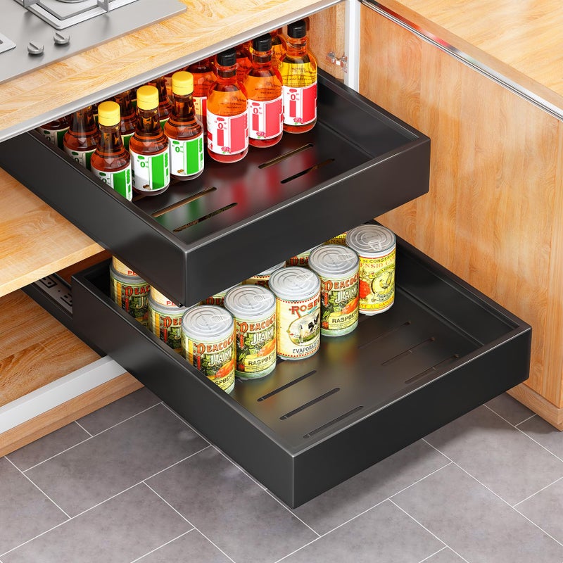 Kitstorack Pull out Cabinet Organizer, 21"Deep, Heavy Duty Full-Extension Slide out Drawers for Kitchen Cabinets with Nano Adhesive, Roll Out Shelf Sliding Cabinet for Pots, Bathroom, Pantry, Under Sink, Black - Image 1