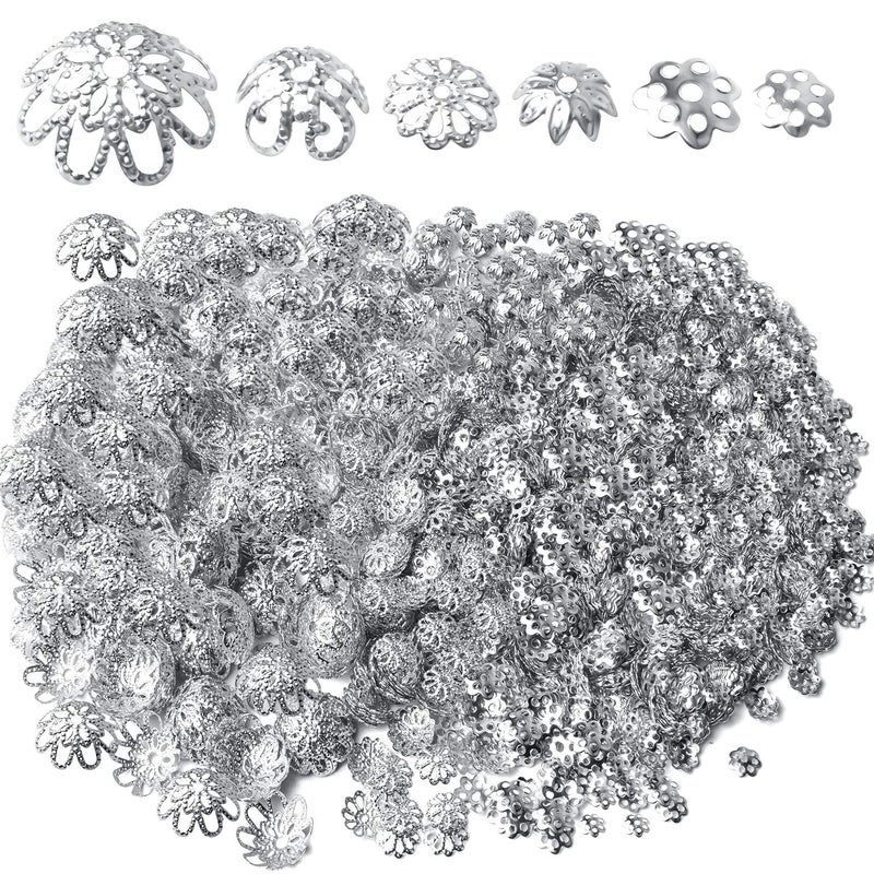 2200pcs Silver Bead Caps Spacer Beads Flower Caps for DIY Jewelry Making Crafts Supplies 6 Styles