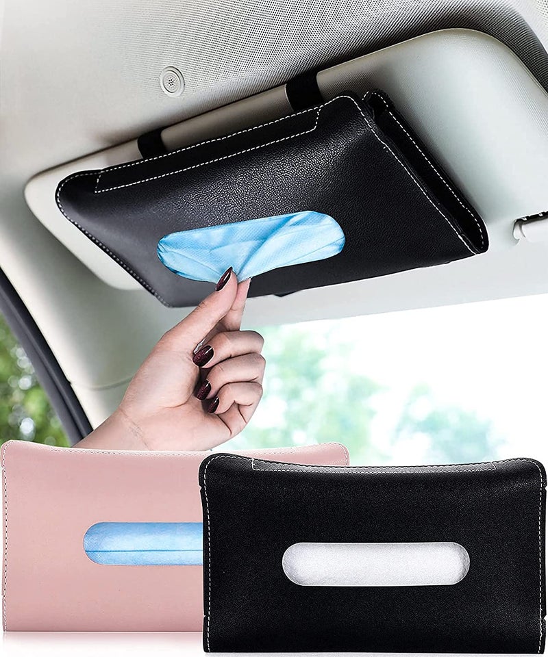 AUTOMAZE Car Visor Tissue Holder, Tissue Holder for Car, Mask Holder for Car Visor, PU Leather Tissue Box Holder, Wipes Case for Car Visor, Universal Mask Dispenser for Car Napkin Holder for Car Tissue (Black) - Image 1