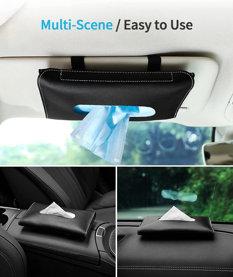 AUTOMAZE Car Visor Tissue Holder, Tissue Holder for Car, Mask Holder for Car Visor, PU Leather Tissue Box Holder, Wipes Case for Car Visor, Universal Mask Dispenser for Car Napkin Holder for Car Tissue (Black) - Image 3