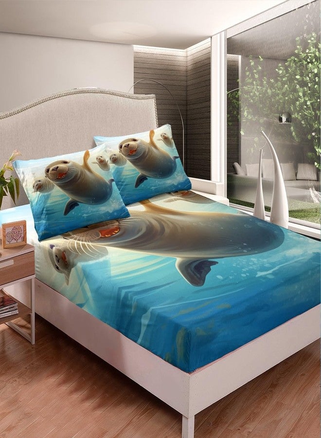 Man Fei Cute Seal Kids Fitted Sheet Twin Size,Sea Lion Ocean Animals Theme Bedding Set,Boys Girls Room Decor,Underwater World Marine Creature Sealife Bed Cover,Blue Grey Bed Sheet,1 Pillowcase - Image 3