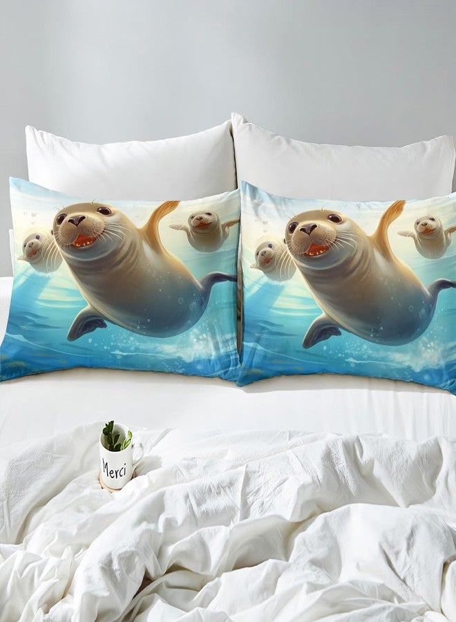 Man Fei Cute Seal Kids Fitted Sheet Twin Size,Sea Lion Ocean Animals Theme Bedding Set,Boys Girls Room Decor,Underwater World Marine Creature Sealife Bed Cover,Blue Grey Bed Sheet,1 Pillowcase - Image 5