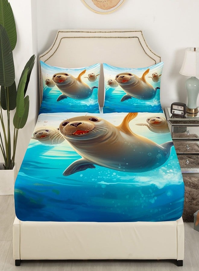 Man Fei Cute Seal Kids Fitted Sheet Twin Size,Sea Lion Ocean Animals Theme Bedding Set,Boys Girls Room Decor,Underwater World Marine Creature Sealife Bed Cover,Blue Grey Bed Sheet,1 Pillowcase - Image 2