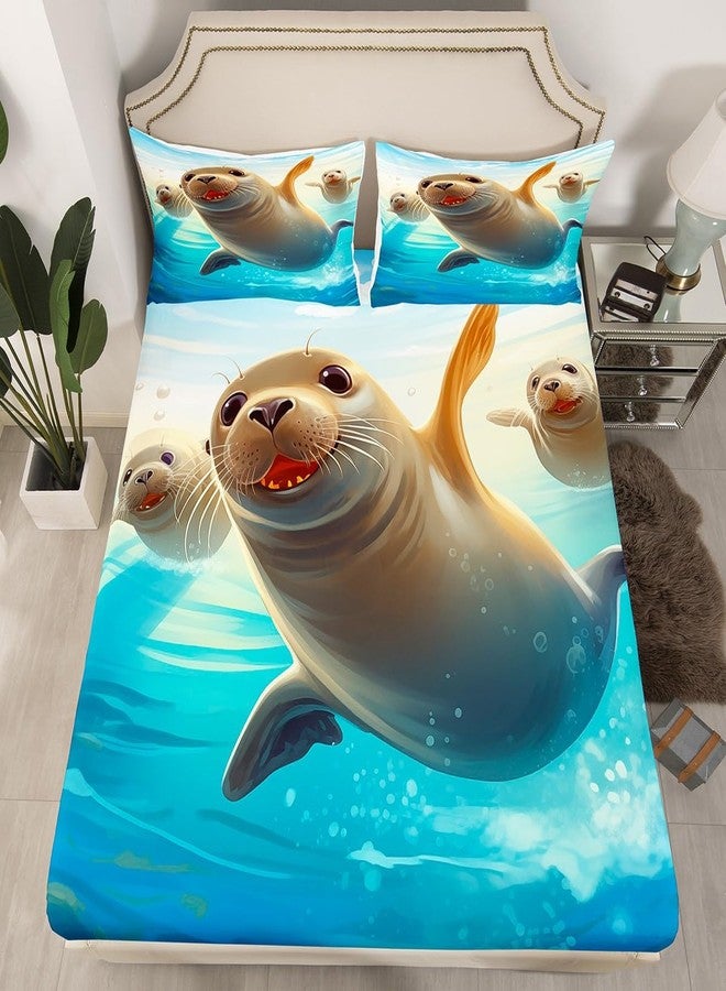 Man Fei Cute Seal Kids Fitted Sheet Twin Size,Sea Lion Ocean Animals Theme Bedding Set,Boys Girls Room Decor,Underwater World Marine Creature Sealife Bed Cover,Blue Grey Bed Sheet,1 Pillowcase - Image 1