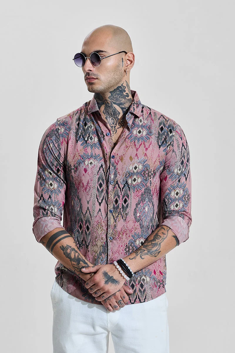 سنيتش Pink Abstract Long Sleeve Slim Fit Casual Shirt