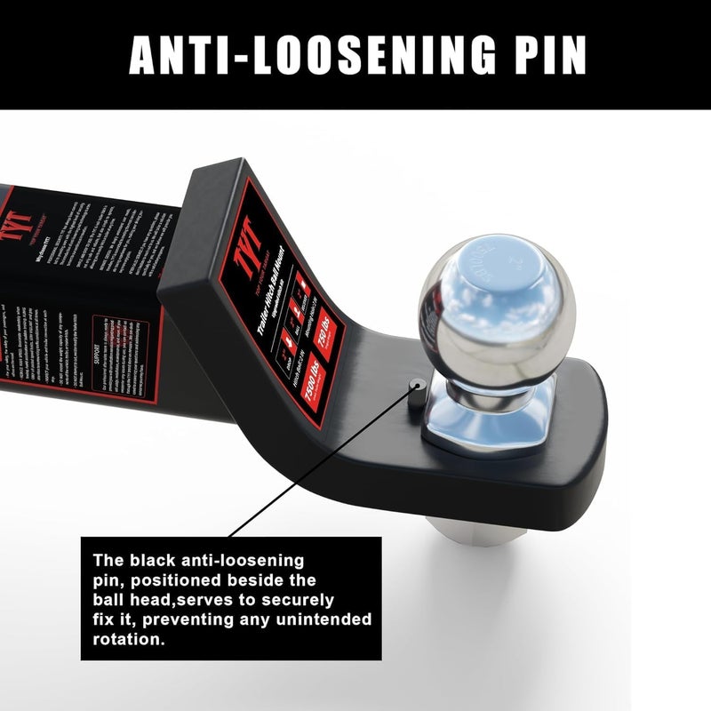 TYT Trailer Hitch Ball Mount Fits 2 Inch Receiver,2 Inch Drop, 7500lbs,Upgraded Hitch Kit Black with Anti-Rattle Pin - Image 5