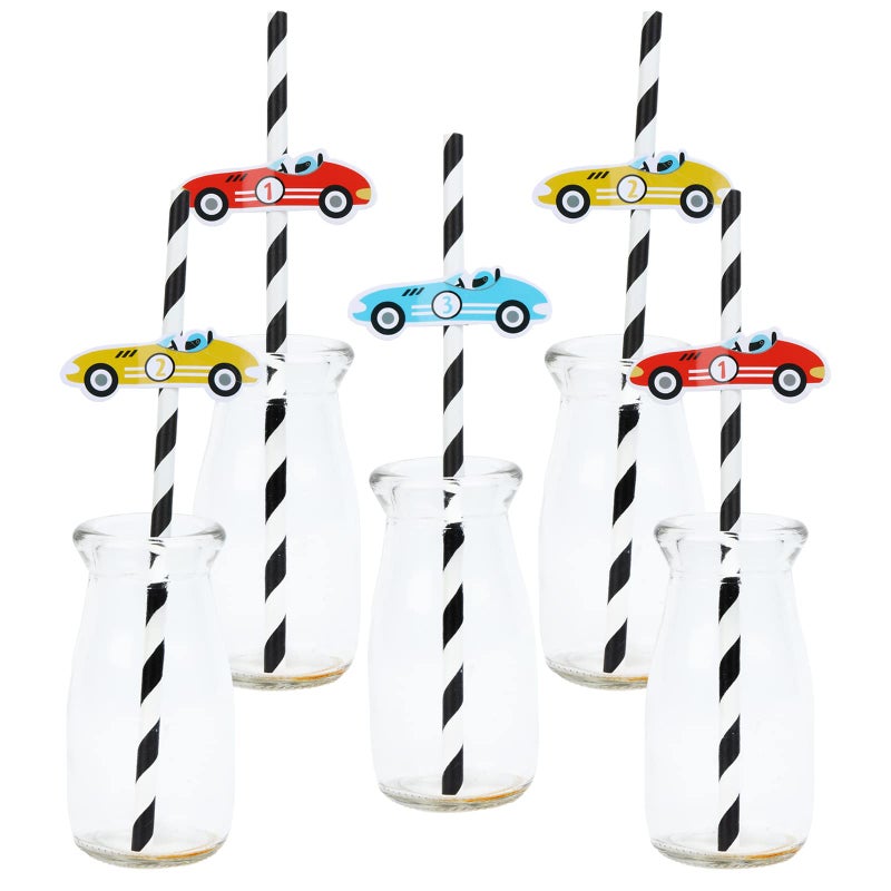 Serencatcher 24Pcs Race Car Paper Straws Race Car Party Favor with Stripe Straws Vintage Mini Race Car Topper for Racing Car Hot Wheels Two Fast Birthday Lets Go Racing Baby Shower Party Decoration
