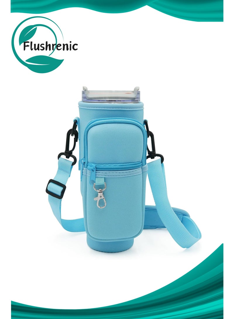 فلوشرينيك حقيبة حاملة زجاجة مياه، حقيبة حاملة زجاجة مياه، لحقيبة حمل زجاجة مياه سعة 42 أونصة مع جيب للهاتف، حقيبة حاملة مع حزام قابل للتعديل، للتنزه والسفر والتخييم (أزرق فاتح) - Image 1