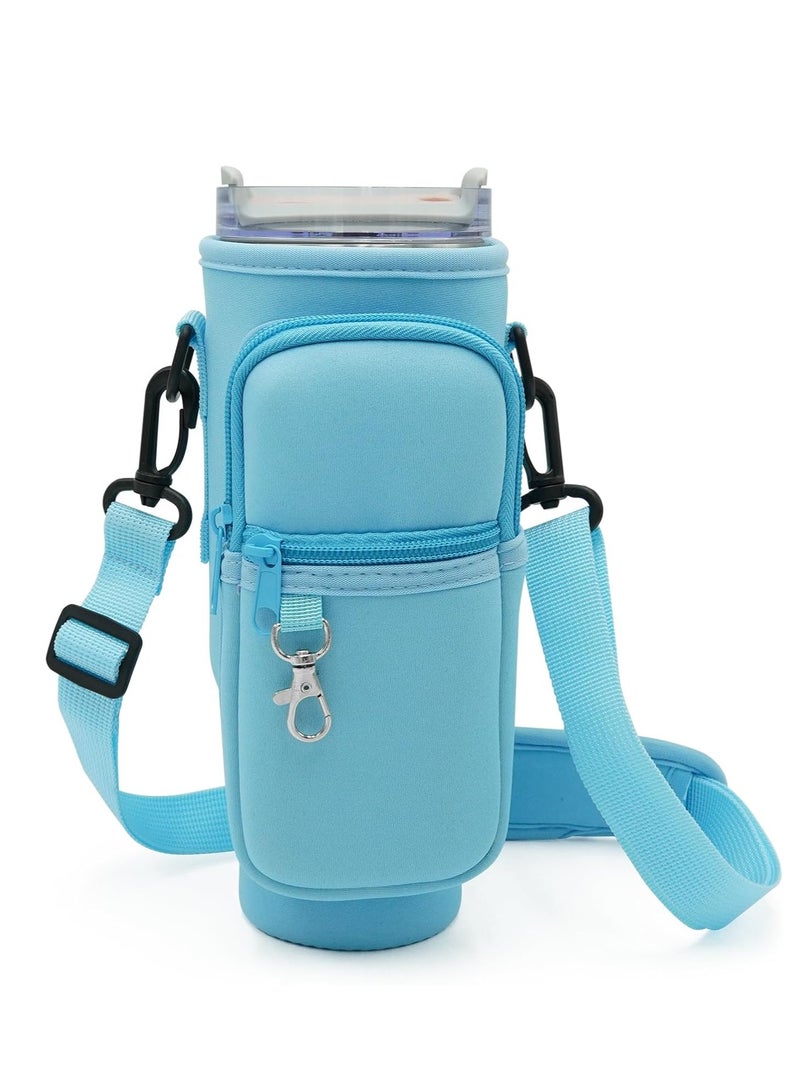 Flushrenic Water Bottle Carrier Bag,for 42oz Tumbler with Phone Pocket,Holder Pouch with Adjustable Strap,for Hiking Travelling Camping(Light Blue)  - Image 1